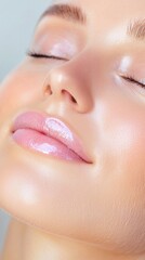 Fototapeta premium Close Up Portrait Of Woman With Glowing Skin And Pink Lips