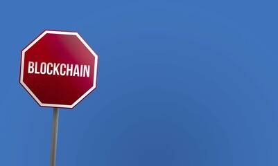 Blockchain, red sign with blue sky