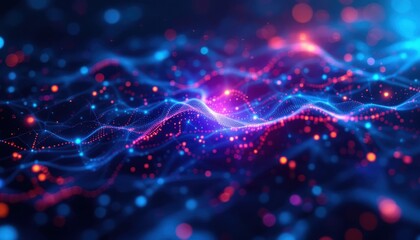 Fototapeta premium Abstract digital network with glowing lights and wave patterns.