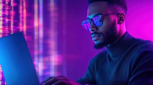 A man with a beard wearing glasses types on a laptop. He is illuminated by purple and blue neon lights. The background features streaks of light.