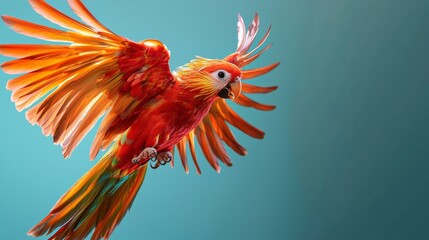 Vibrant parrot in flight against a teal background