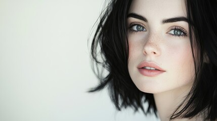 Naklejka premium A close-up portrait of a beautiful young woman with dark black hair, and a serene expression, showcasing natural beauty and elegance and tranquility, professional studio portrait photography. White ba