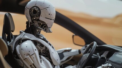 Fototapeta premium A futuristic humanoid robot driving a modern SUV car is driving through the sand dunes of the desert, harmoniously combining advanced technology with nature