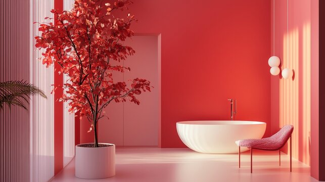 Minimalist bathroom with red accent wall
