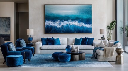 Elegant open-concept luxury living room with deep blue and turquoise accents, stylish decor, and a large ocean-inspired picture on the wall