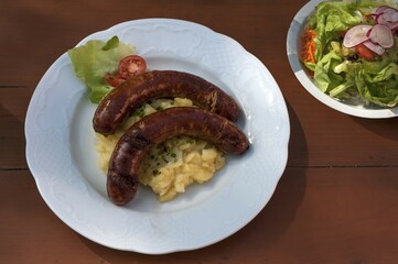 Franconian grilled sausages, Bratwurst, potato salad, Bavaria, Germany, Europe