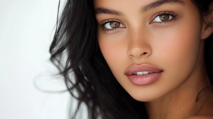 Obraz premium A close-up portrait of a beautiful young woman with dark black hair, and a serene expression, showcasing natural beauty and elegance and tranquility, professional studio portrait photography. White ba