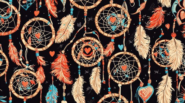 Seamless pattern of multiple dreamcatchers hanging from strings. the background is black with a repeating design of orange, blue, and white feathers and hearts.