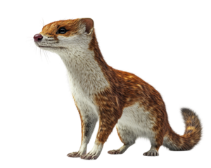 Small brown and white animal with a pink nose stands on transparent background