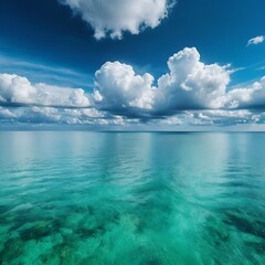 Una foto de un mar esmeralda que se encuentra con un cielo lleno de nubes azules. Tranquilo y pintoresco. Belleza natural surrealista.