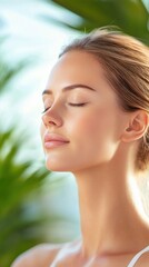 Fototapeta premium Sunlit Portrait of a Young Woman with Water Droplets on Her Face Amid Lush Green Foliage