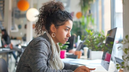 Professional business woman learning and writing financial report by using computer while sitting at modern office. Attractive smart female leader looking marketing strategy while typing plan. AIG51.