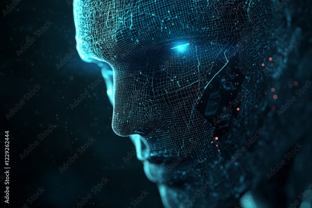 Poster face of stock in cyberspace with a wireframe design. interactive technology as the background