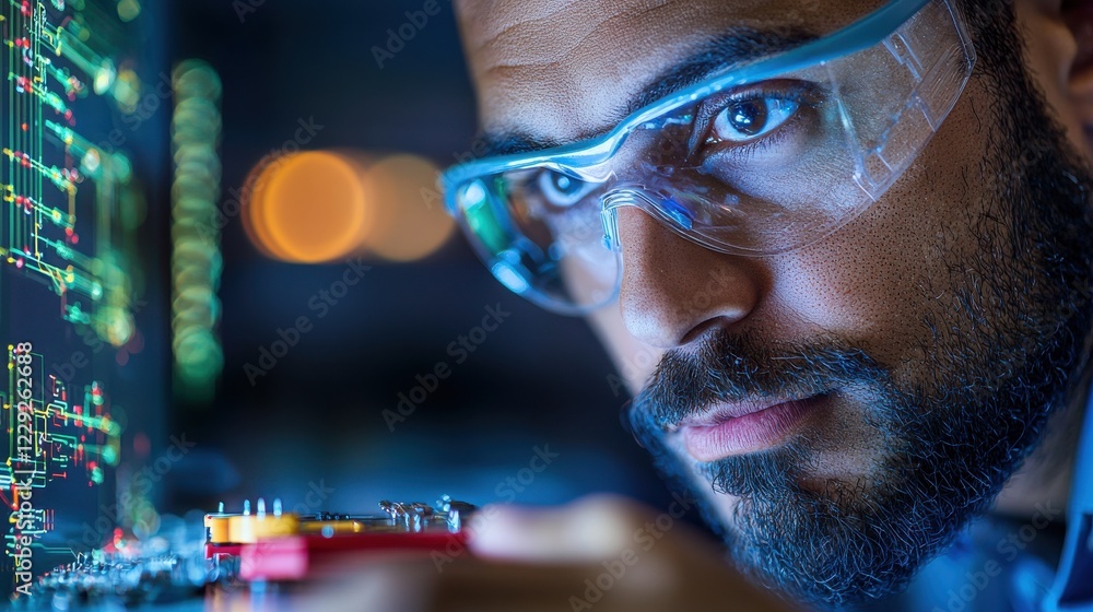 Poster focused man examining circuit board in dimly lit setting