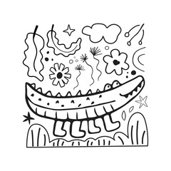 Cute card with kid scribble doodle. Hand drawn childish funny simple illustration. Crocodile, flowers and leaves children draw style design