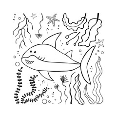 Cute card with kid scribble doodle. Hand drawn childish funny simple illustration. Shark, seaweed and starfishes children draw style design