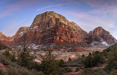 Fototapeta premium View from West Rim Trail to The Great White Throne and Deer Trap, Zion Canyon at sunset, in winter, mountain landscape, near The Grotto, Zion National Park, Utah, USA, North America