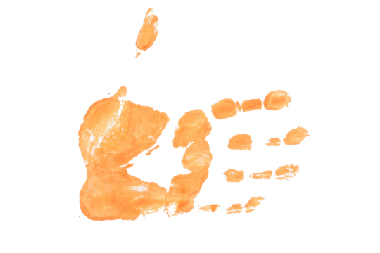 A print of a man's right palm, painted with watercolor paint on a white background.
