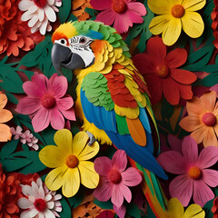 Obraz premium Colorful parrot in kirigami style surrounded by flowers 