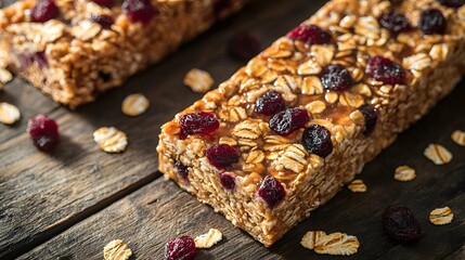 Fototapeta premium Cereals Crunchy Grain, Homemade Organic Cereal Bars with Dried Fruit and Oats on Rustic Wooden Background