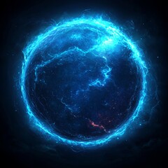 Obraz premium An abstract 3D sphere adorned with twist lines, showcasing glowing lines that constitute a futuristic logo design, evoking an outer space object. It incorporates sphere particles in a 3D rendering