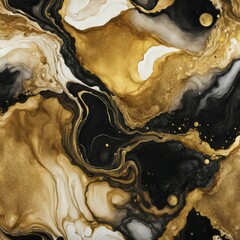 Vibrant abstract fluid art with gold and black marbling patterns contrasted by white highlights, creating intricate swirls, AI generated