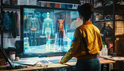 Obraz premium A fashion designer in a chic studio with an AI assistant as a holographic mannequin displaying various outfits, offering real-time design adjustments. AIG60