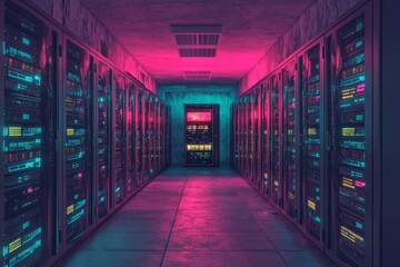 A futuristic purple neon-light server tunnel equipped with AI processors. Advancing technology