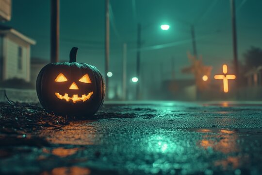 A Halloween party concept illustrated by a carved pumpkin obscurely seen through mist at night