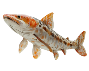 Fish with orange and white spots is swimming in the water