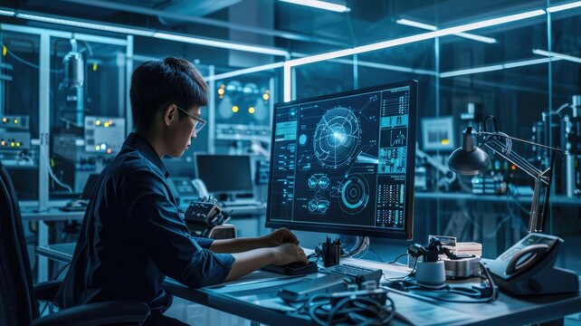 In a high-tech laboratory, an engineer works on a sophisticated CAD program at their workstation. A holographic AI projects futuristic gadgets and intricate blueprints, suggesting innovative designs