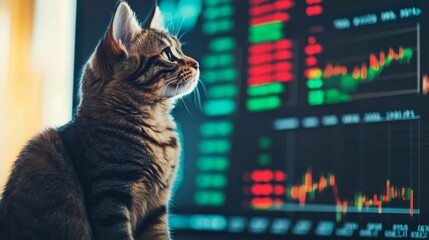 Cat observes stock market trends on digital screen with colorful charts and graphs in modern workspace