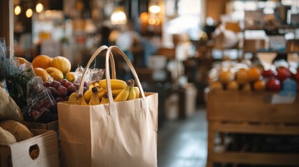 Grocery bag filled with fresh produce at a market