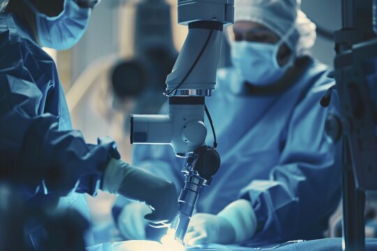 Doctors and assistance in surgery with modern laser technology. Generative Ai, AI generated - Powered by Adobe
