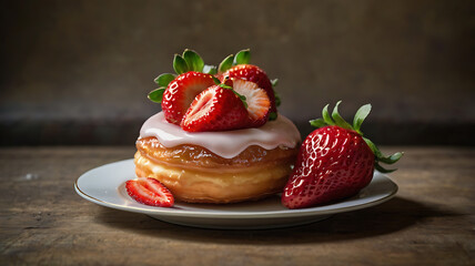 Donuts, fresh strawberries and cream on a plate
