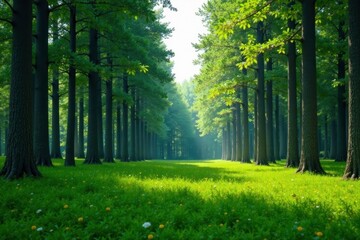 Fototapeta premium Tall trees surround a lush green meadow in the forest clearing, wilderness, landscape