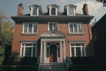 Obraz premium A stunning classic brick mansion stands proudly, highlighting its elegant architecture under the warm glow of the sun, nestled within an upscale residential neighborhood