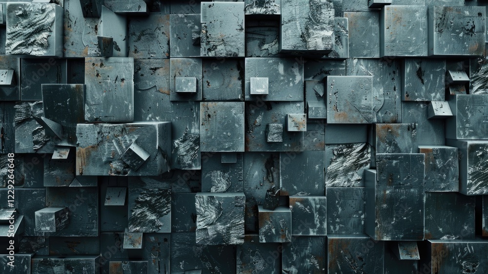 Poster abstract metallic geometric blocks in grey and gold. abstract artwork of 3d rendering art with geome