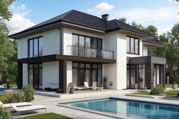 Fototapeta premium Modern two-story house with large windows and swimming pool in a peaceful backyard garden surrounded by trees on a sunny day
