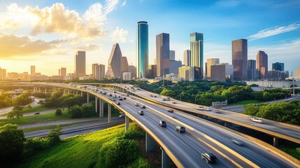 modern elevated expressway with sleek architecture and a bustling cityscape in the background.