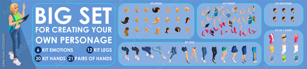 Poster isometric girl character constructor for designed. set various action n3. set of students personages