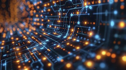 Obraz premium Futuristic circuit board with glowing orange and blue lights, representing advanced technology, AI generated