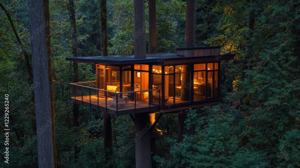 Poster treehouse perched high in a dense forest.