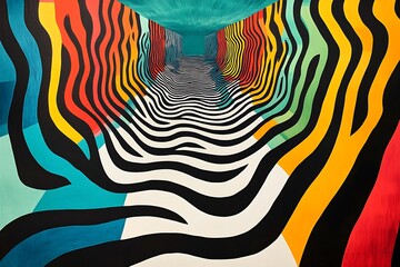 A mesmerizing op-art collage featuring a labyrinth of zigzag lines that seem to twist and turn, creating a sense of visual disorientation. The artwork celebrates the art of visual puzzles and 