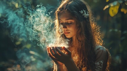 Naklejka premium Woman holding glowing sparkles in hands