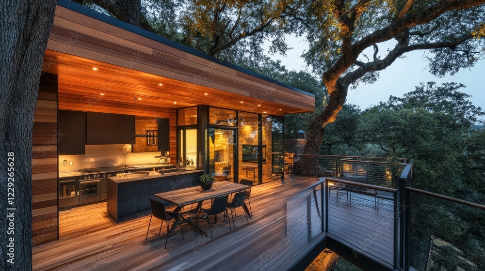 Poster treehouse with sleek wooden siding and a large deck that wraps around the tree.