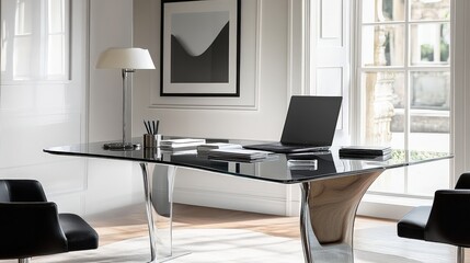 work desk setup with a laptop, stylish desk lamp, and a set of high-quality pens on a sleek glass desk, surrounded by white walls and natural light.