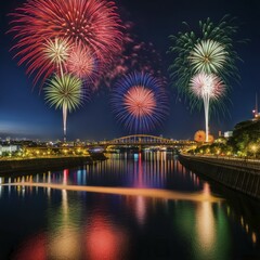 Fototapeta premium Fireworks illuminate the sky above a city river, with a bridge and buildings reflecting the vibrant display, AI generated