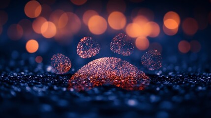 Paw print illuminated by glowing bokeh lights in a dark setting during nighttime