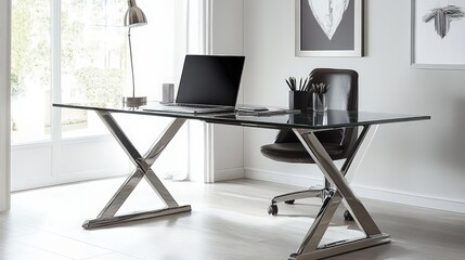 work desk setup with a laptop, stylish desk lamp, and a set of high-quality pens on a sleek glass desk, surrounded by white walls and natural light.